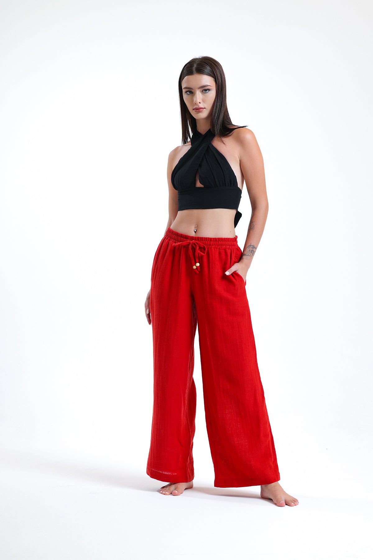 Alessio de Sole 100% Cotton Black Top & Red Trousers Set - Women
