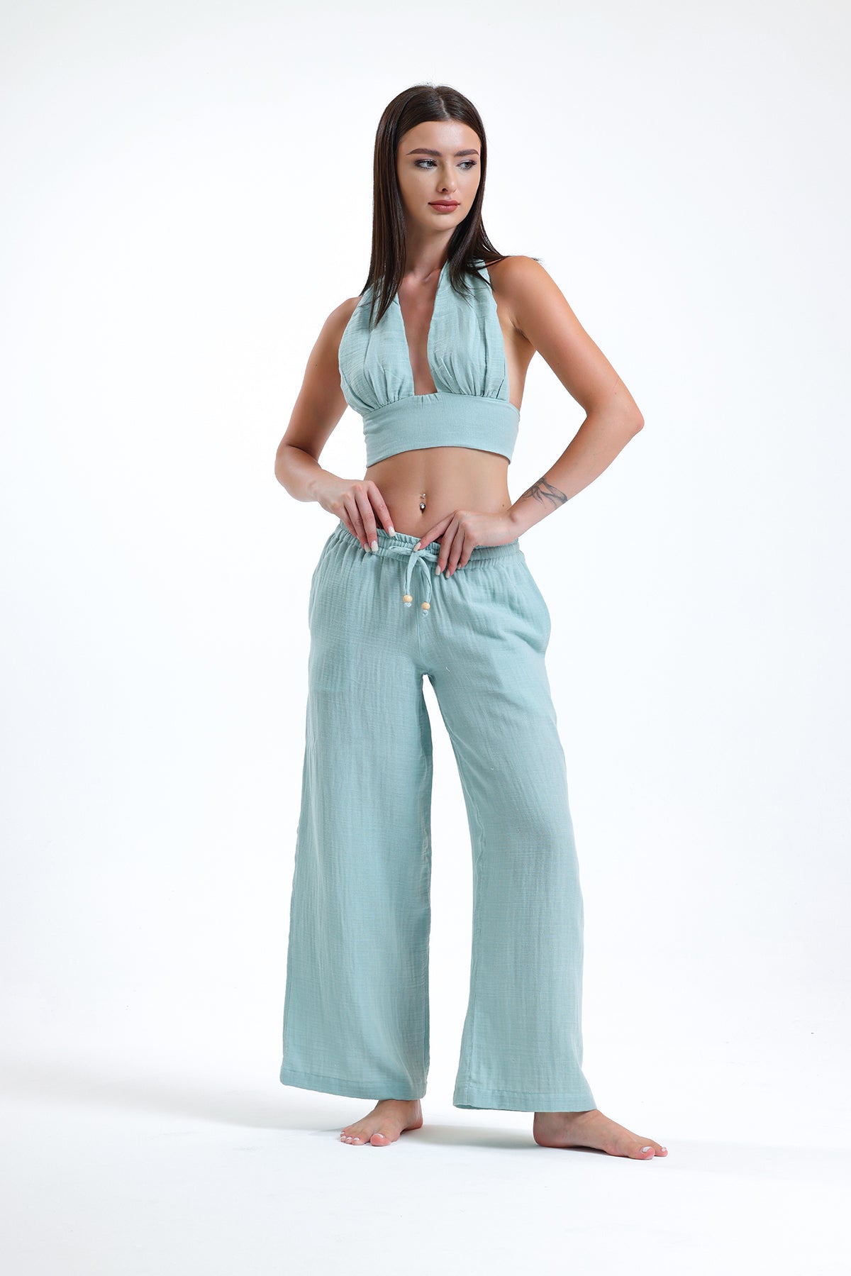 Alessio de Sole 100% Cotton Light Green Top & Trousers Set - Women