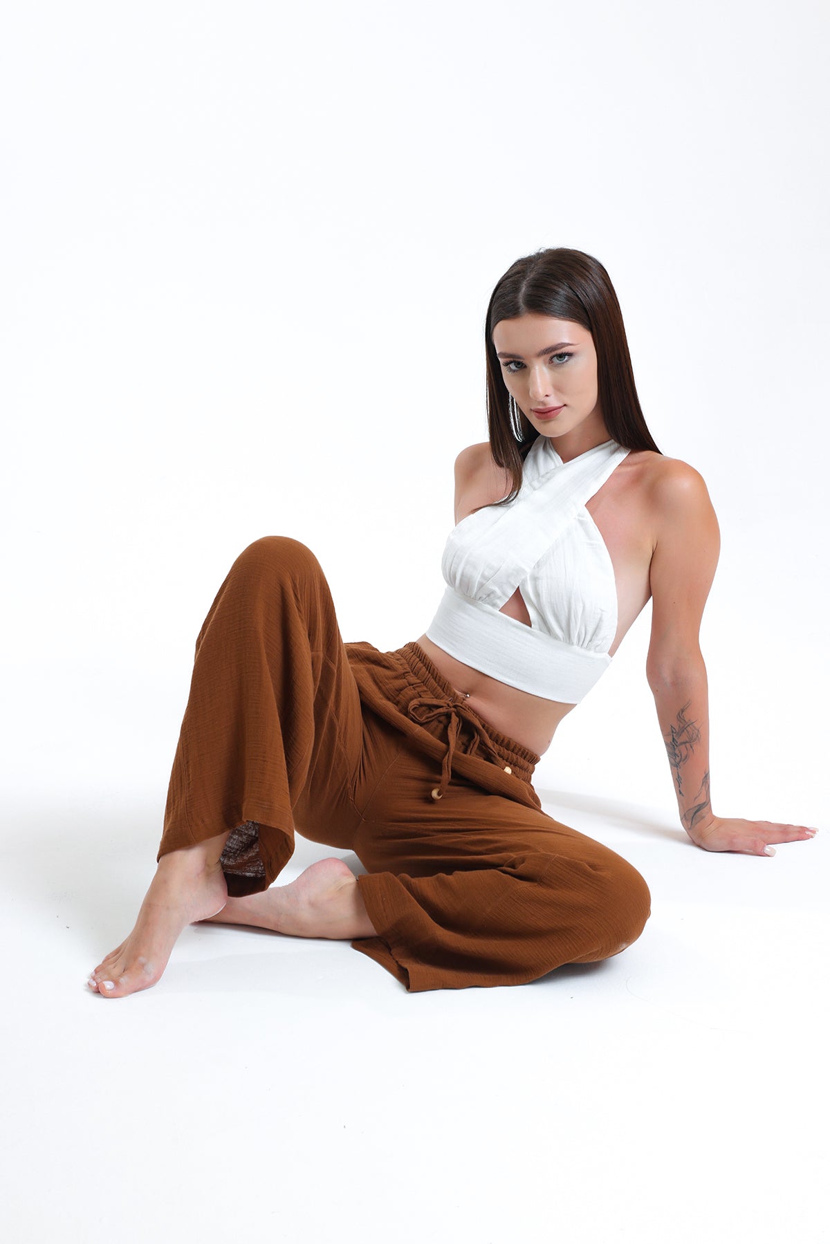 Alessio de Sole 100% Cotton White Top & Brown Trousers Set - Women
