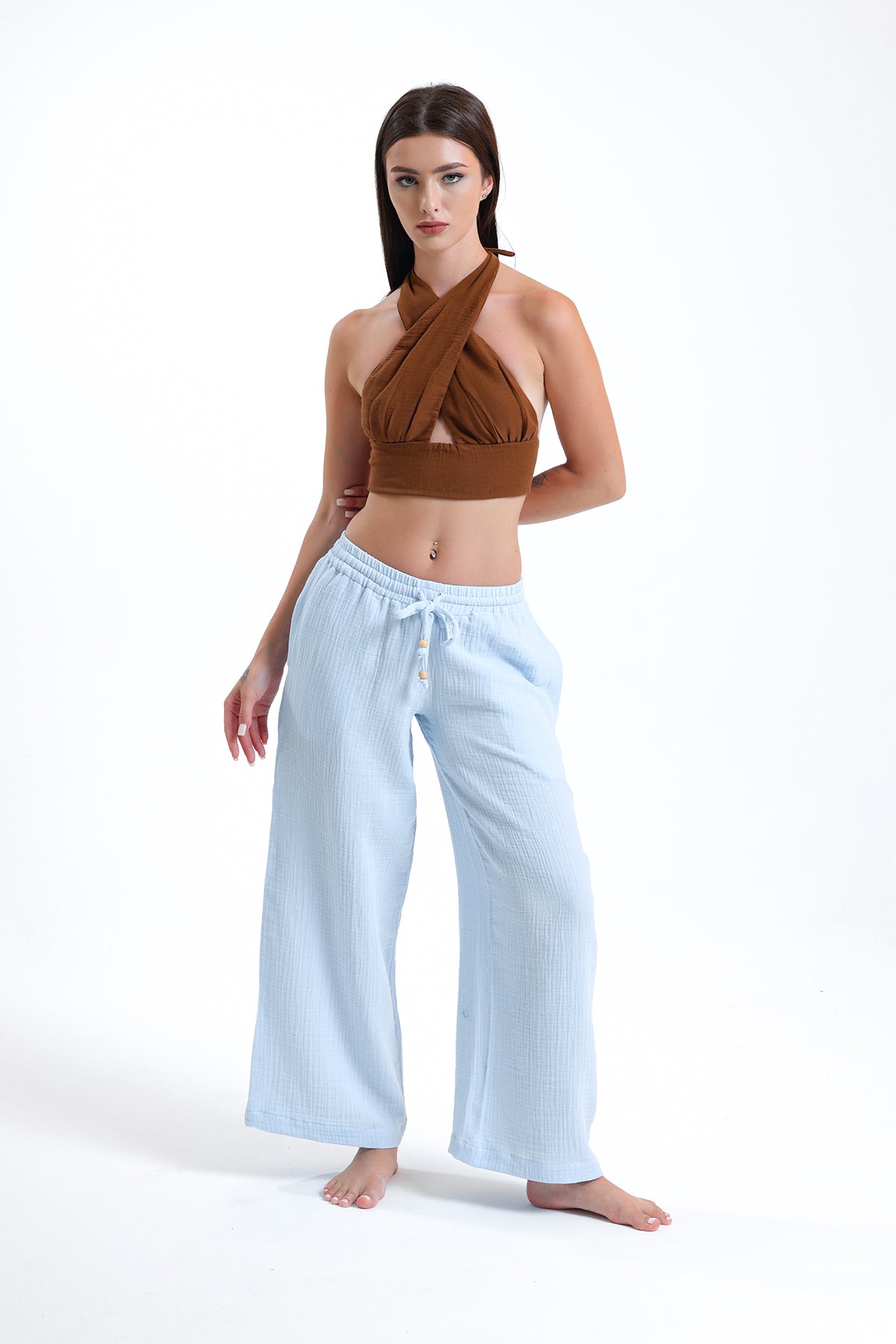 Alessio de Sole 100% Cotton Brown Top & Blue Trousers Set - Women