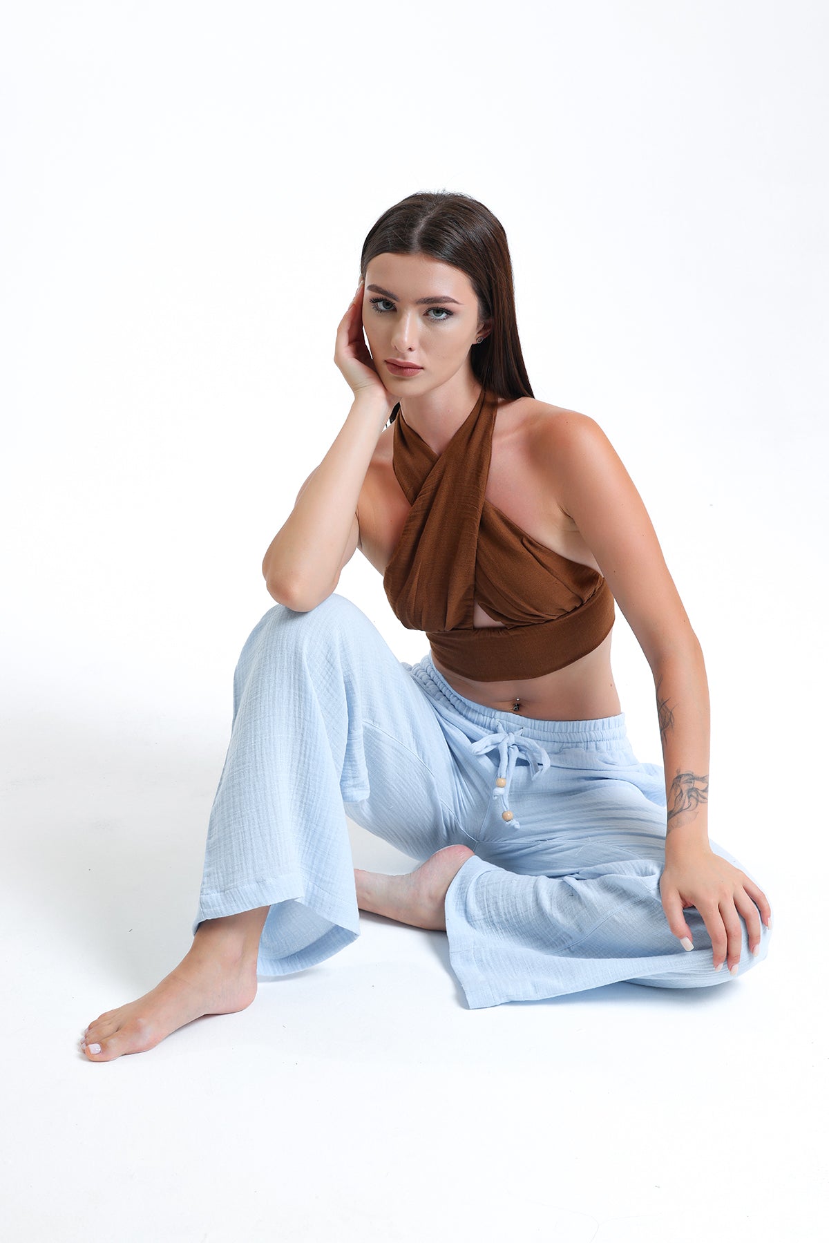 Alessio de Sole 100% Cotton Brown Top & Blue Trousers Set - Women