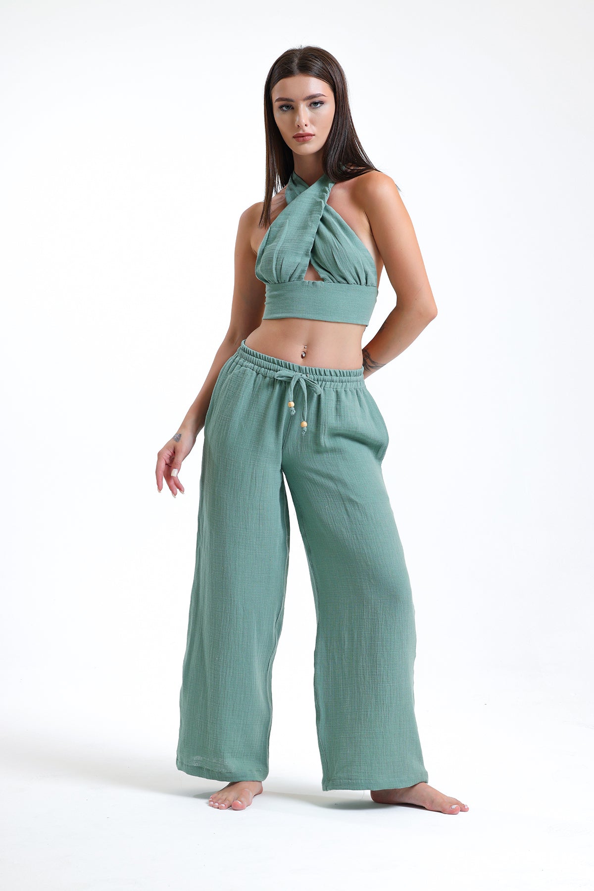 Alessio de Sole 100% Cotton Green Top & Trousers Set - Women