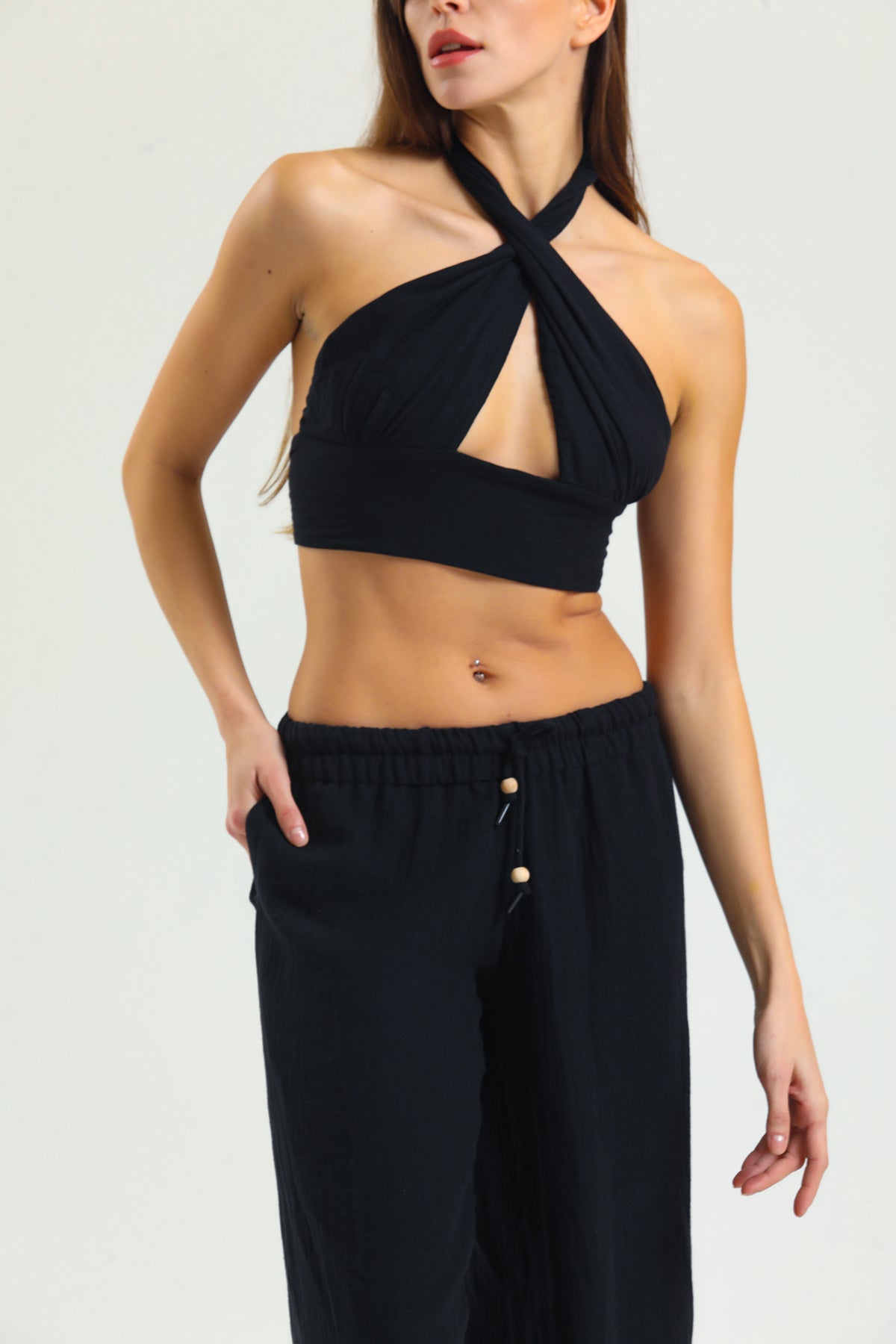 Alessio de Sole 100% Cotton Black Top & Trousers Set - Women