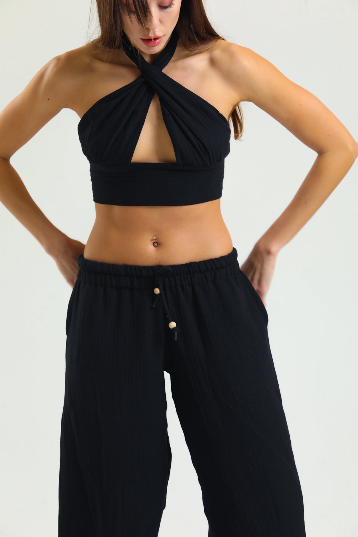 Alessio de Sole 100% Cotton Black Top & Trousers Set - Women