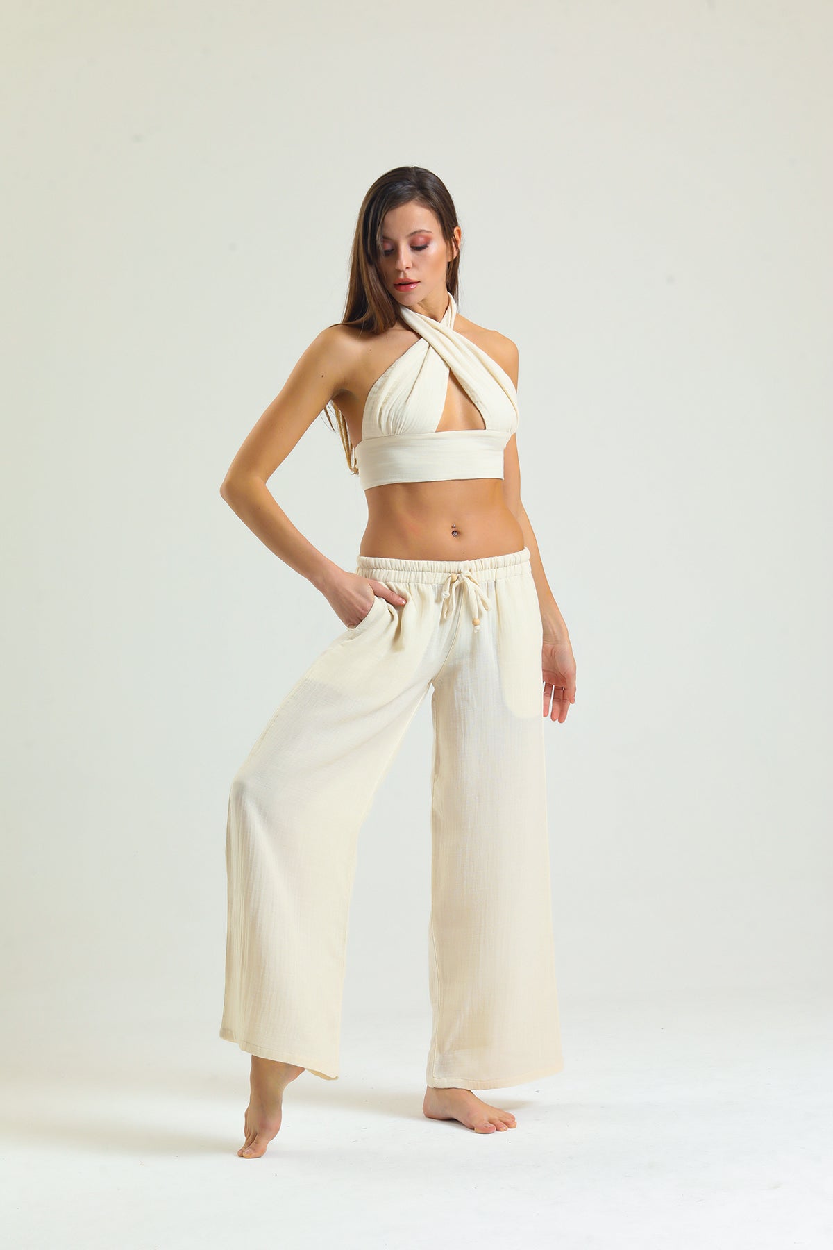 Alessio de Sole 100% Cotton Beige Top & Trousers Set - Women